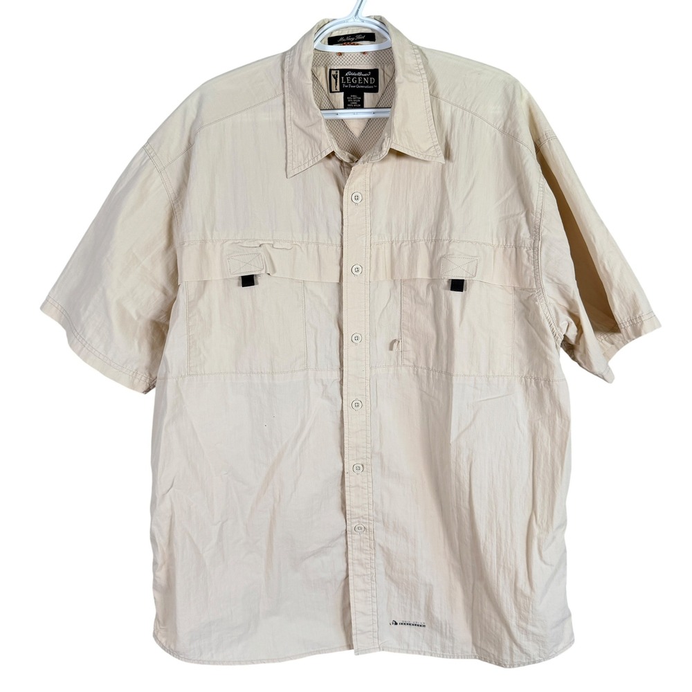 Eddie Bauer Legend McNary Shirt Mens XL Beige Short Sleeve Fishing Hiking read